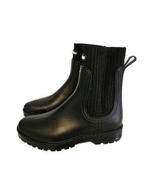 CHAOMIQU Women's Mid-Calf Black Waterproof Rain Boots with Ribbed Knit Cuff